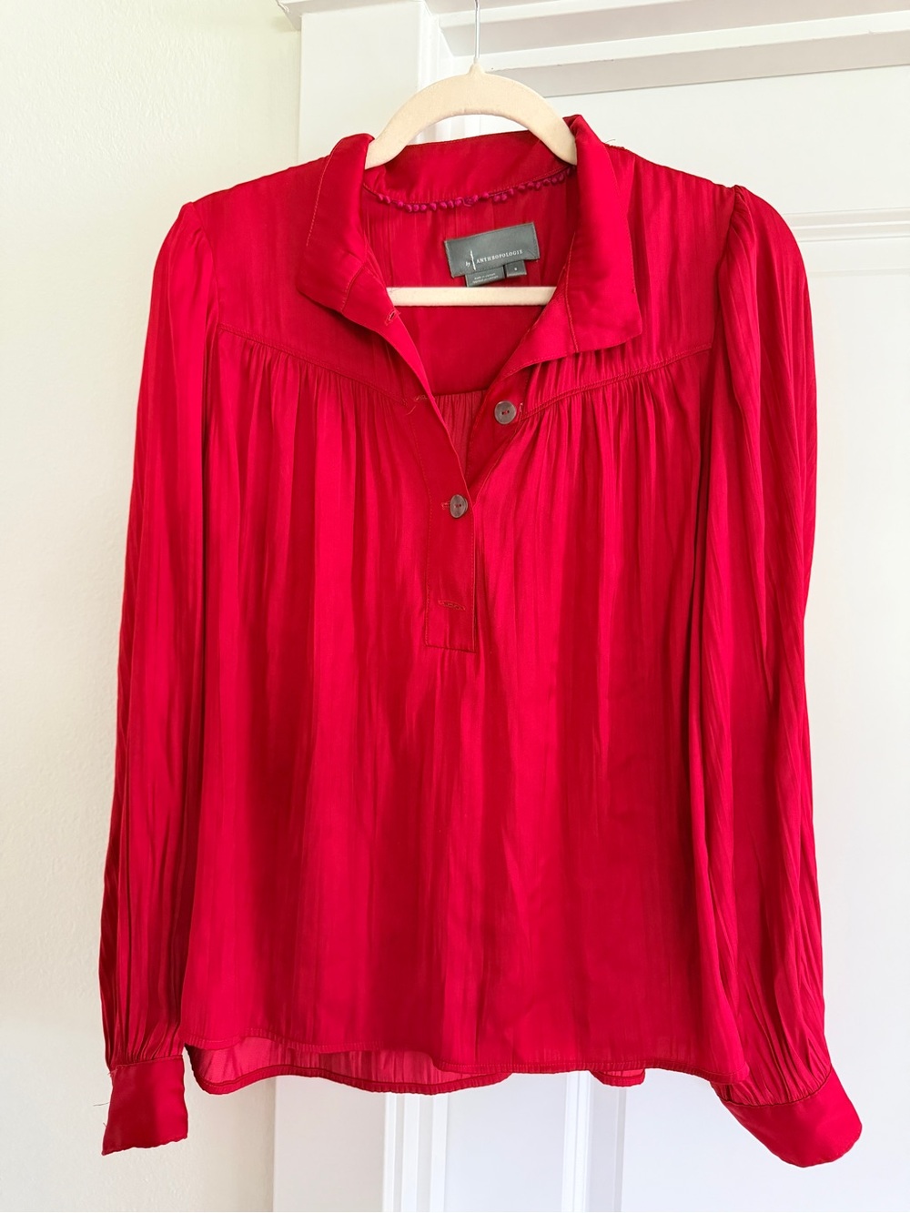 Anthropologie Vibrant Red Pleated Button-Front Blouse